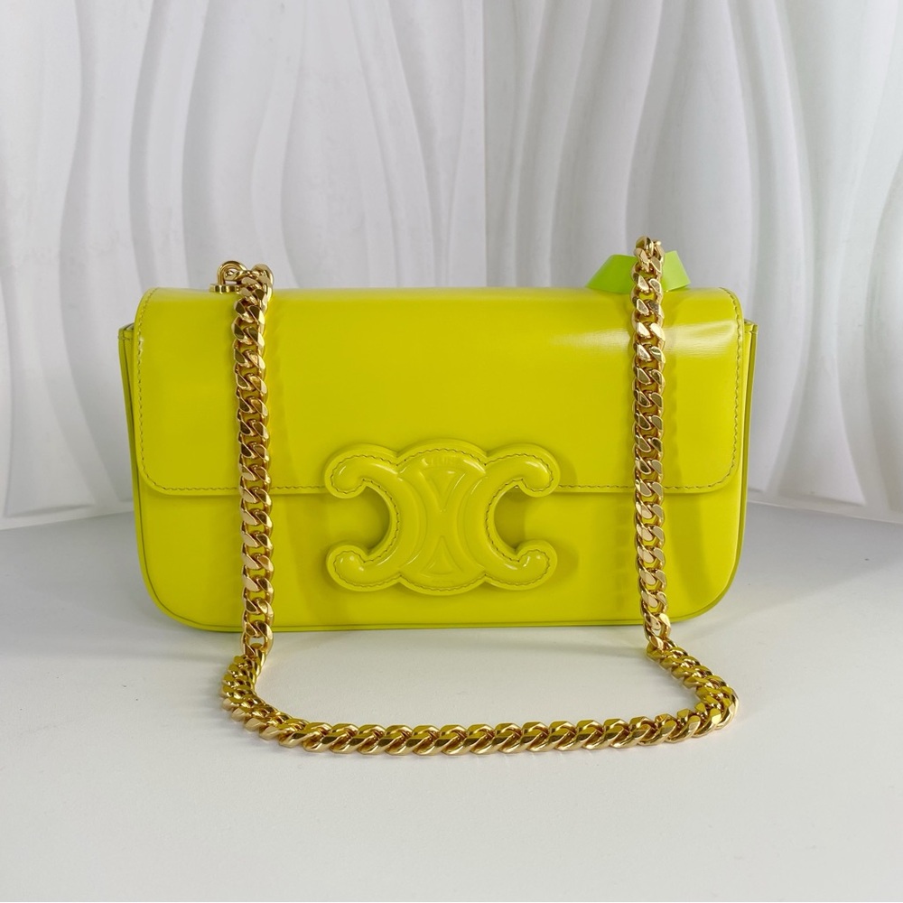 Celine Ava Shoulder Bag Lime Yellow Patent Leather Women